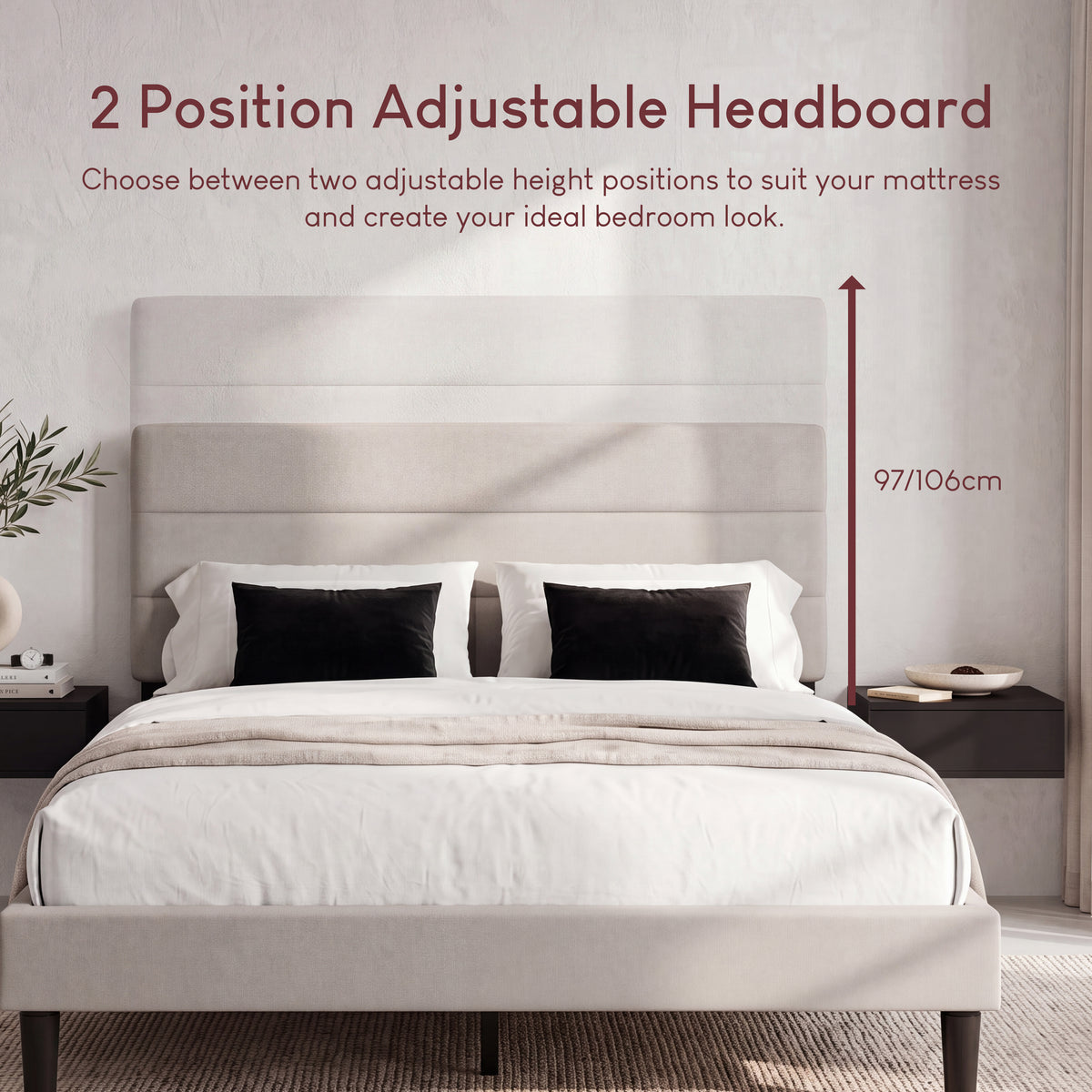 Vandura King Size Fabric Bed and Mattress, Beige Linen