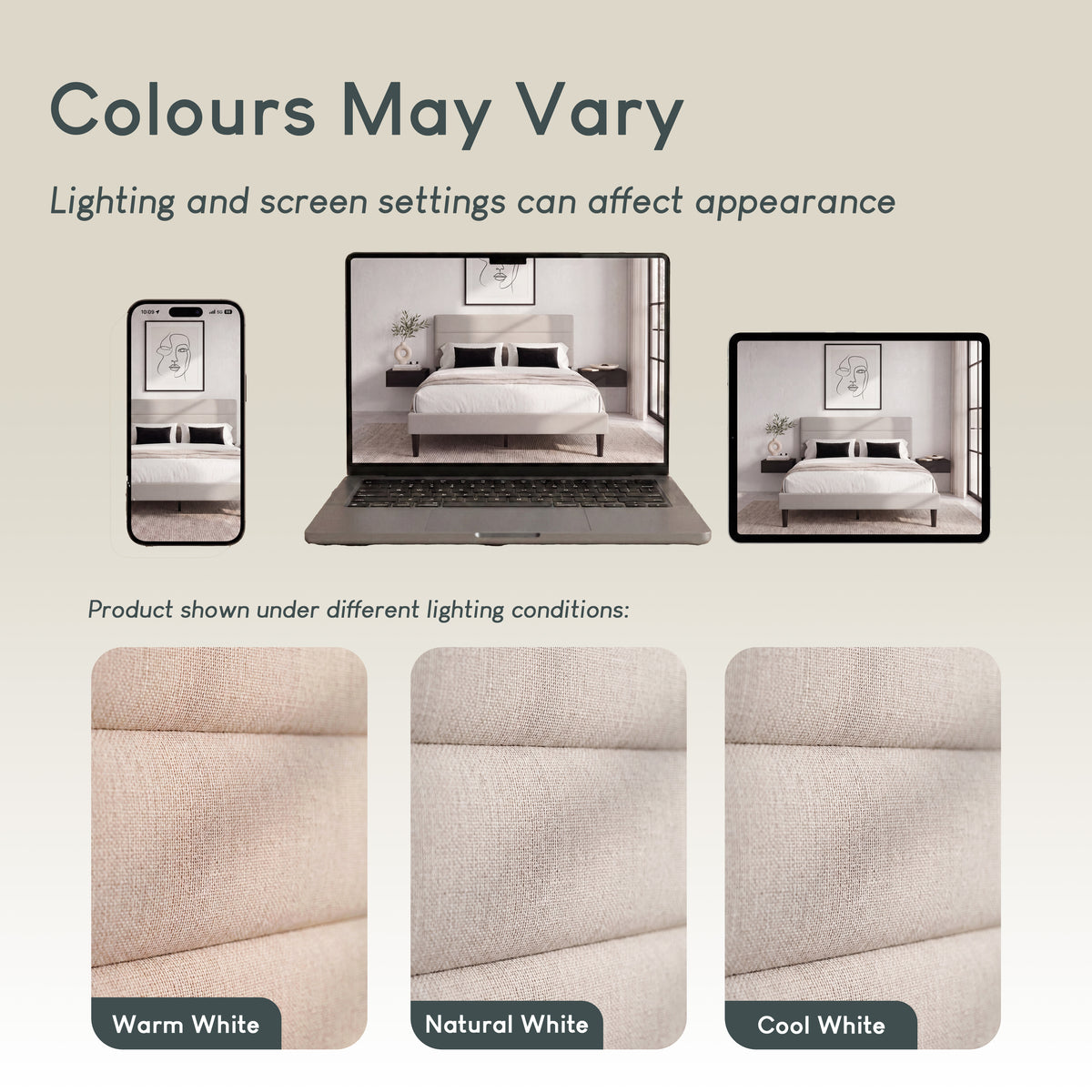 Vandura King Size Fabric Bed and Mattress, Beige Linen