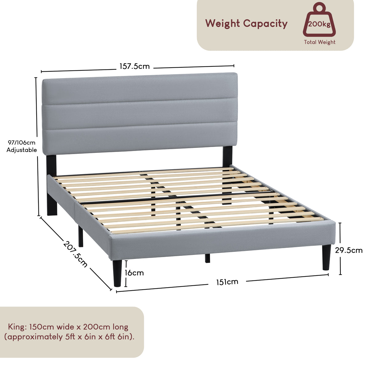 Vandura King Size Fabric Bed, Light Grey Linen