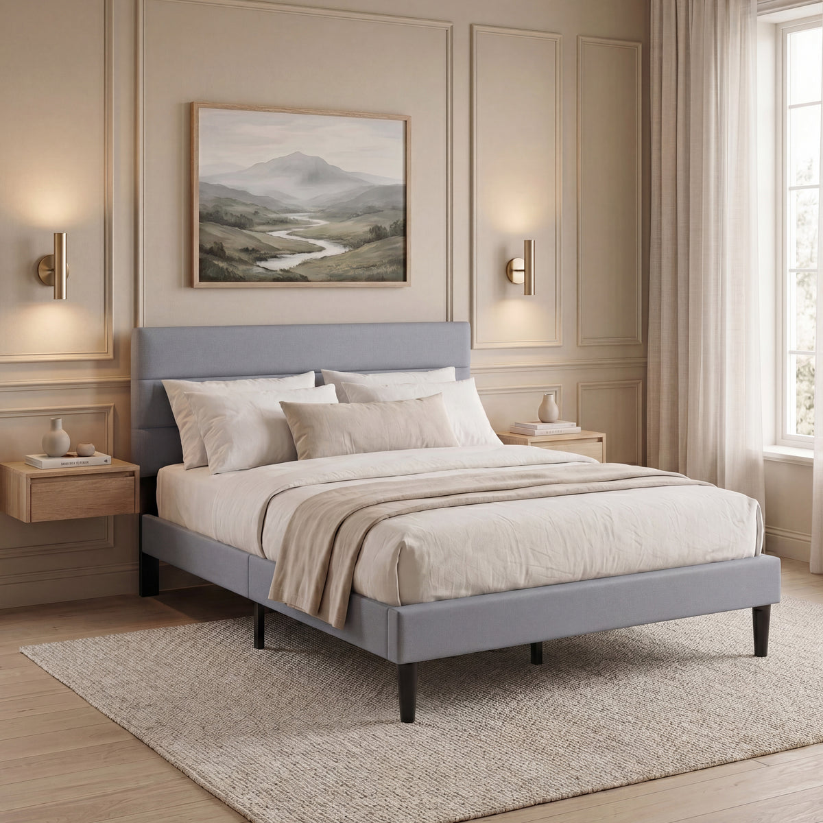 Vandura King Size Fabric Bed, Light Grey Linen