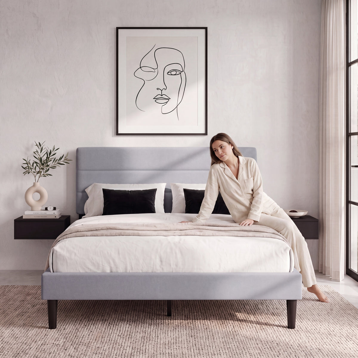 Vandura King Size Fabric Bed, Light Grey Linen