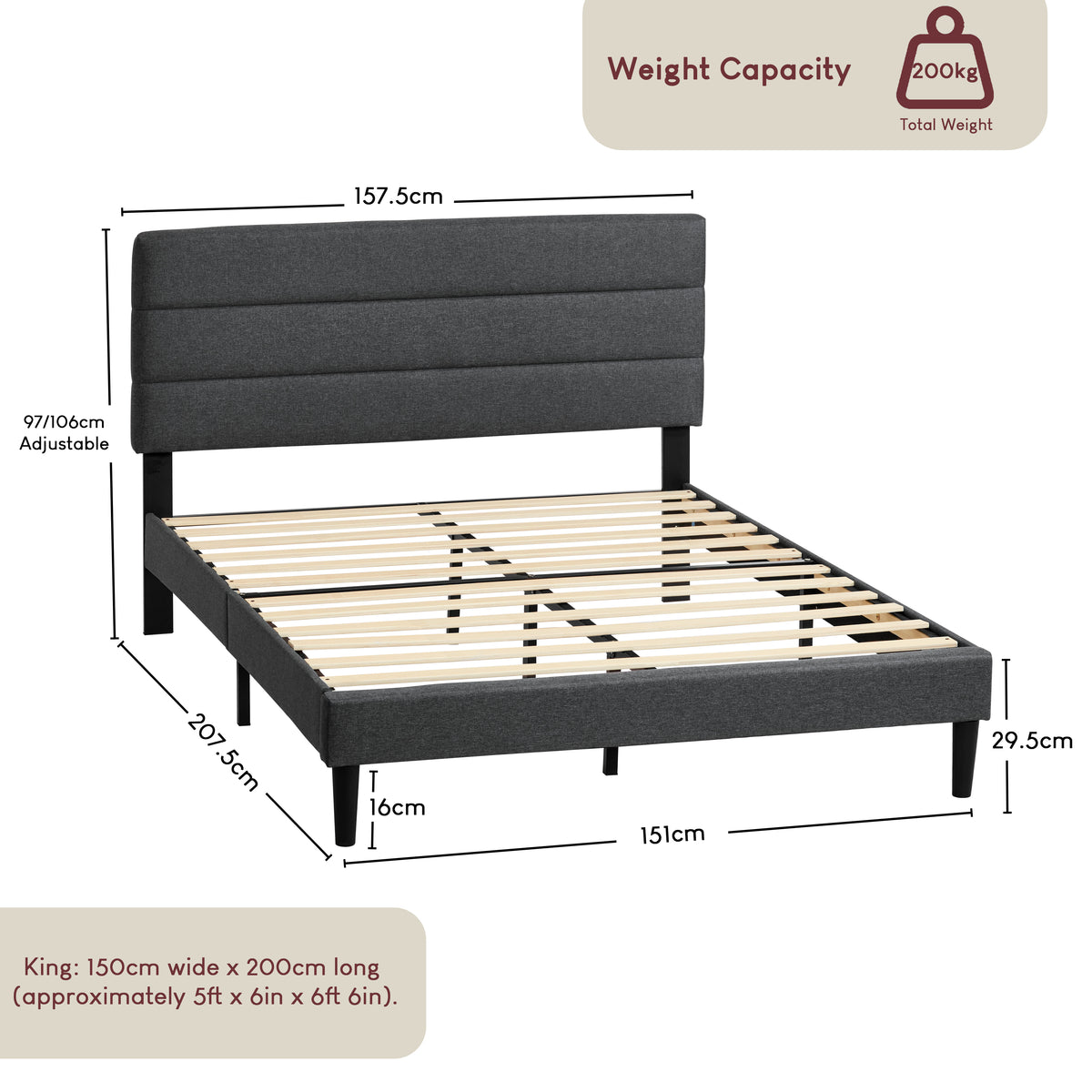 Vandura King Size Fabric Bed and Mattress, Dark Grey Linen