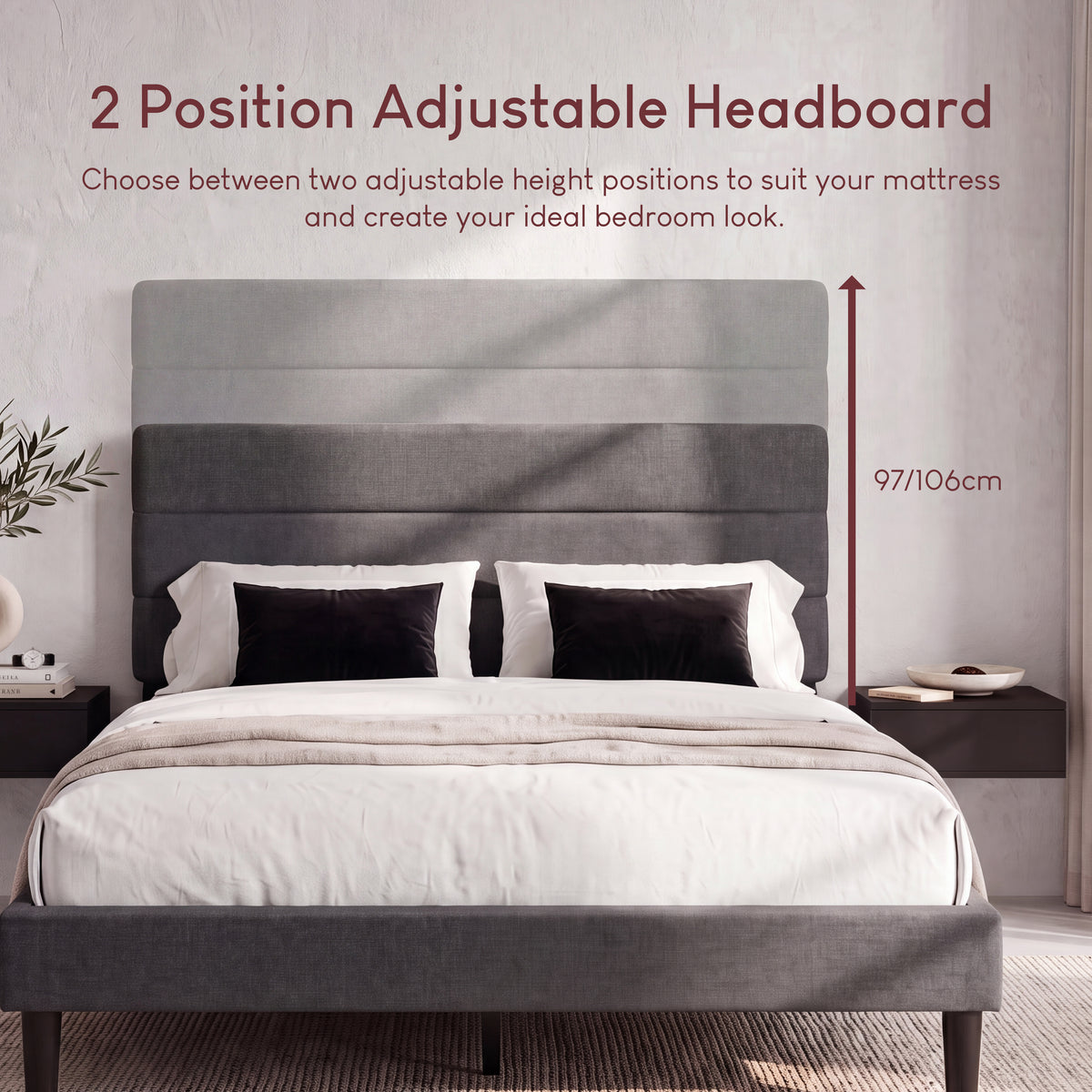 Vandura King Size Fabric Bed and Mattress, Dark Grey Linen