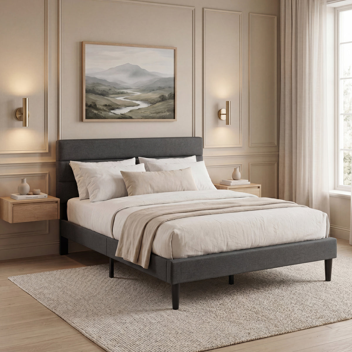 Vandura King Size Fabric Bed and Mattress, Dark Grey Linen