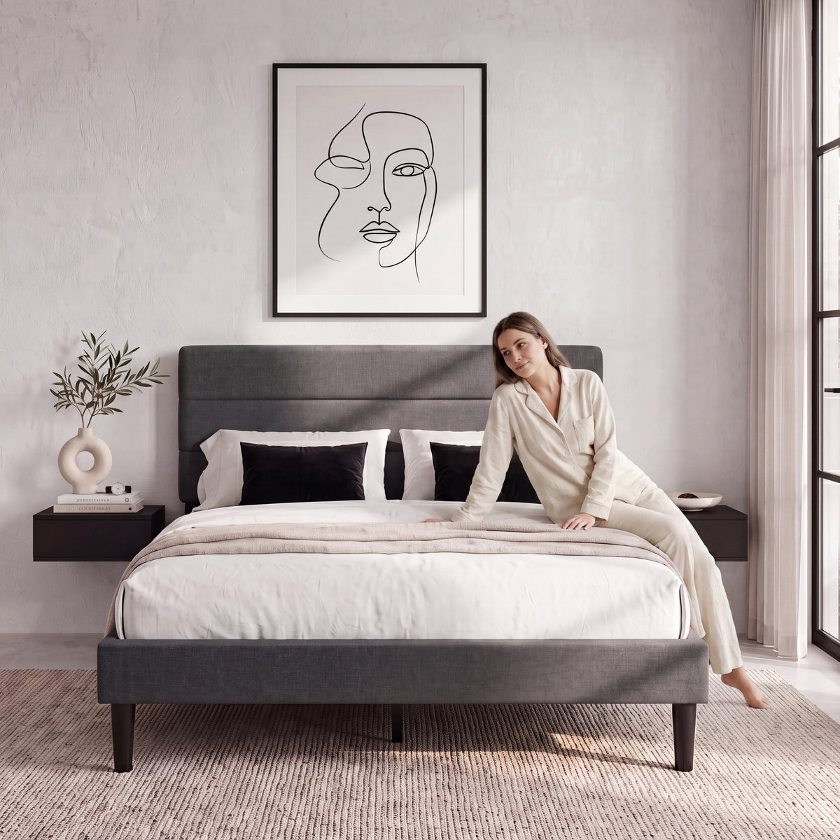 Vandura King Size Fabric Bed and Mattress, Dark Grey Linen