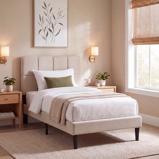 Velmora Single Beige linen fabric bed for a stylish bedroom
