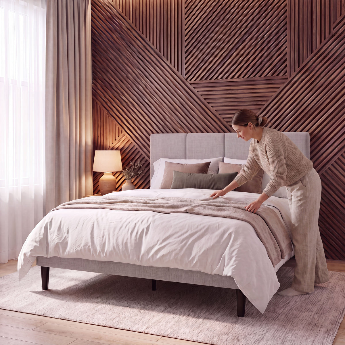 Velmora Double Fabric Bed, Beige Linen