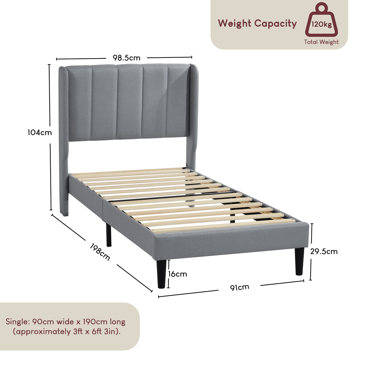 Vianna Single Fabric Bed and Mattress, Light Grey Linen