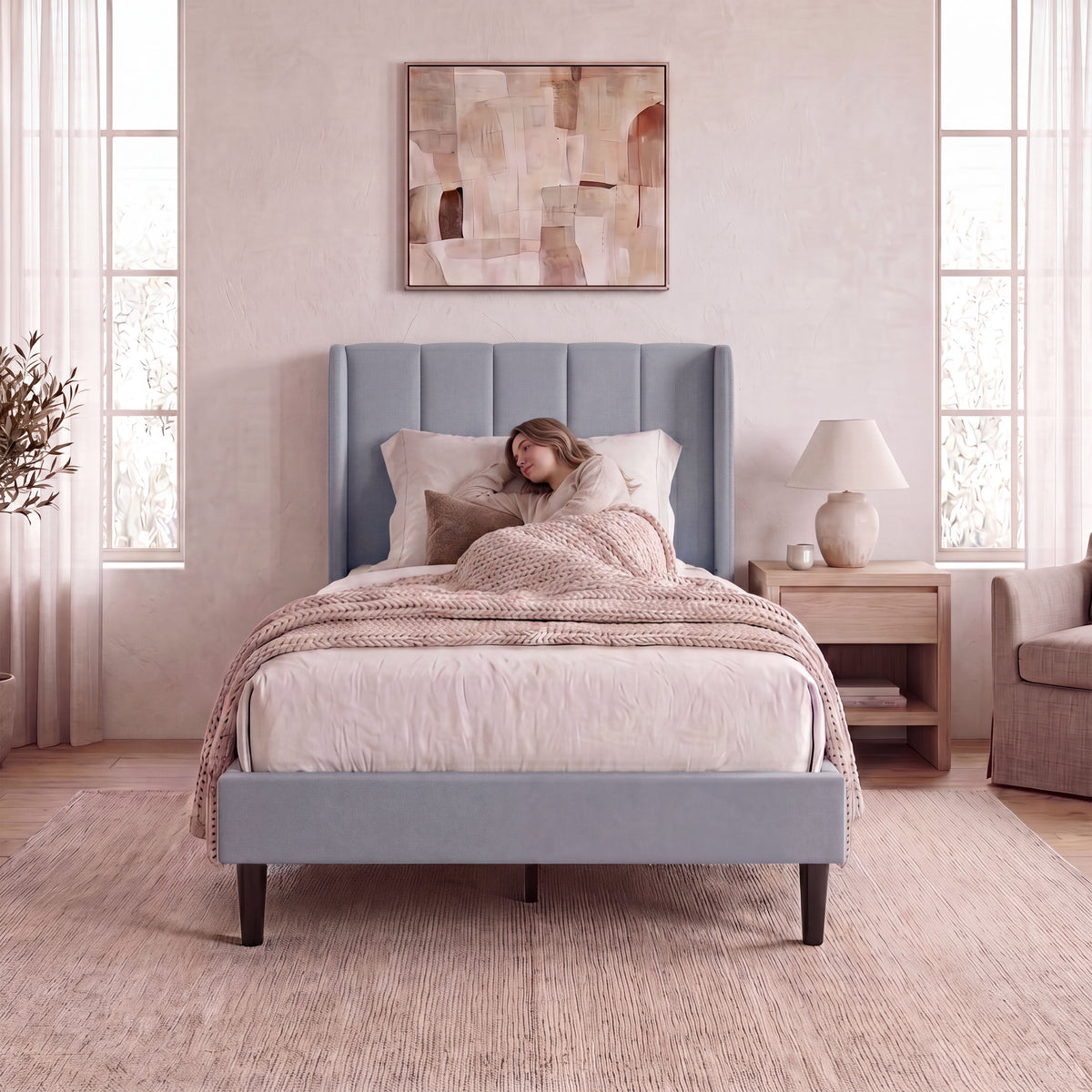 Vianna Single Fabric Bed and Mattress, Light Grey Linen