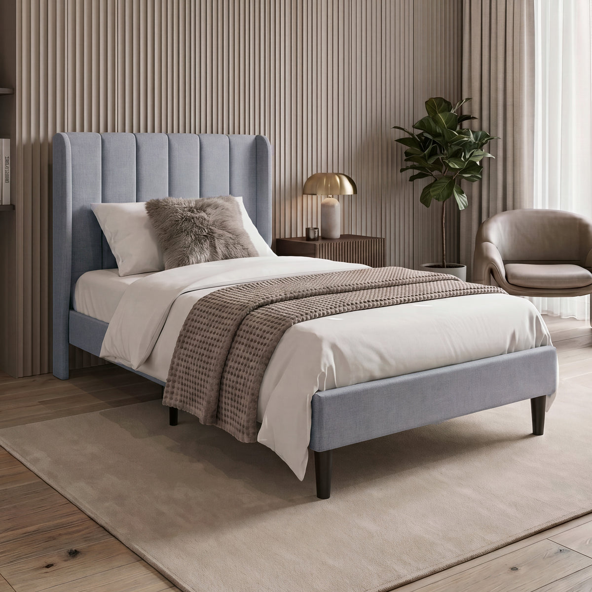 Vianna Single Fabric Bed and Mattress, Light Grey Linen