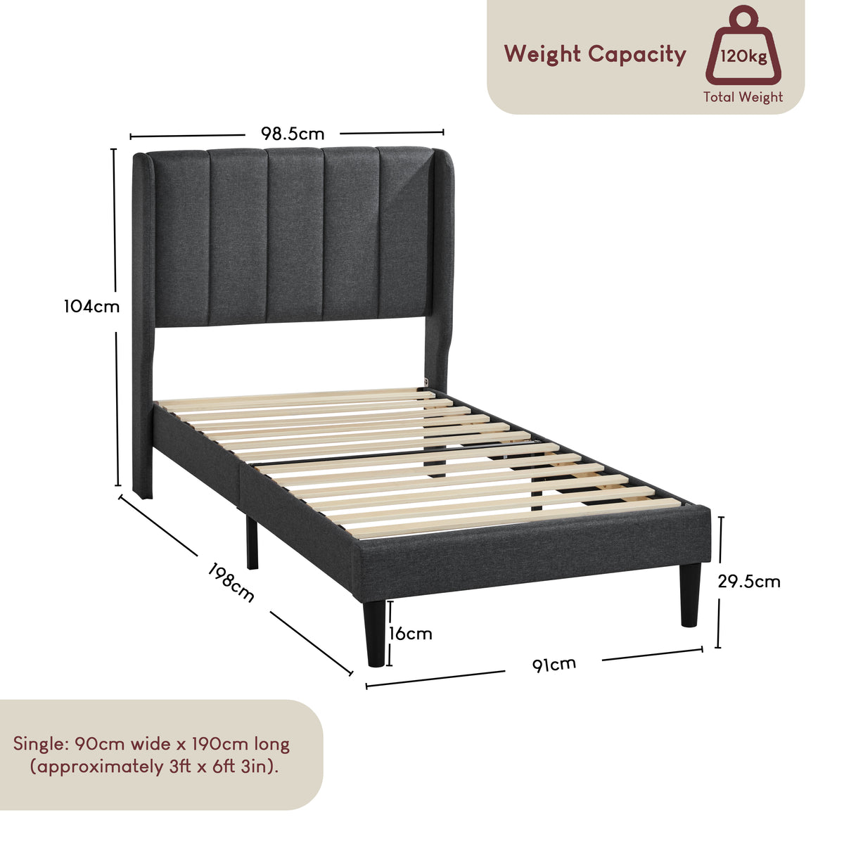 Vianna Single Fabric Bed, Dark Grey Linen