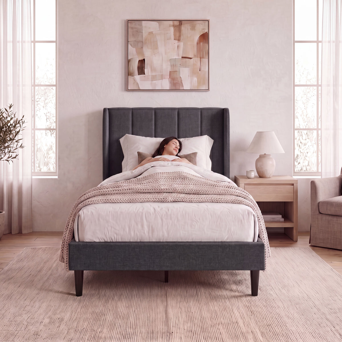 Vianna Single Fabric Bed and Mattress, Dark Grey Linen