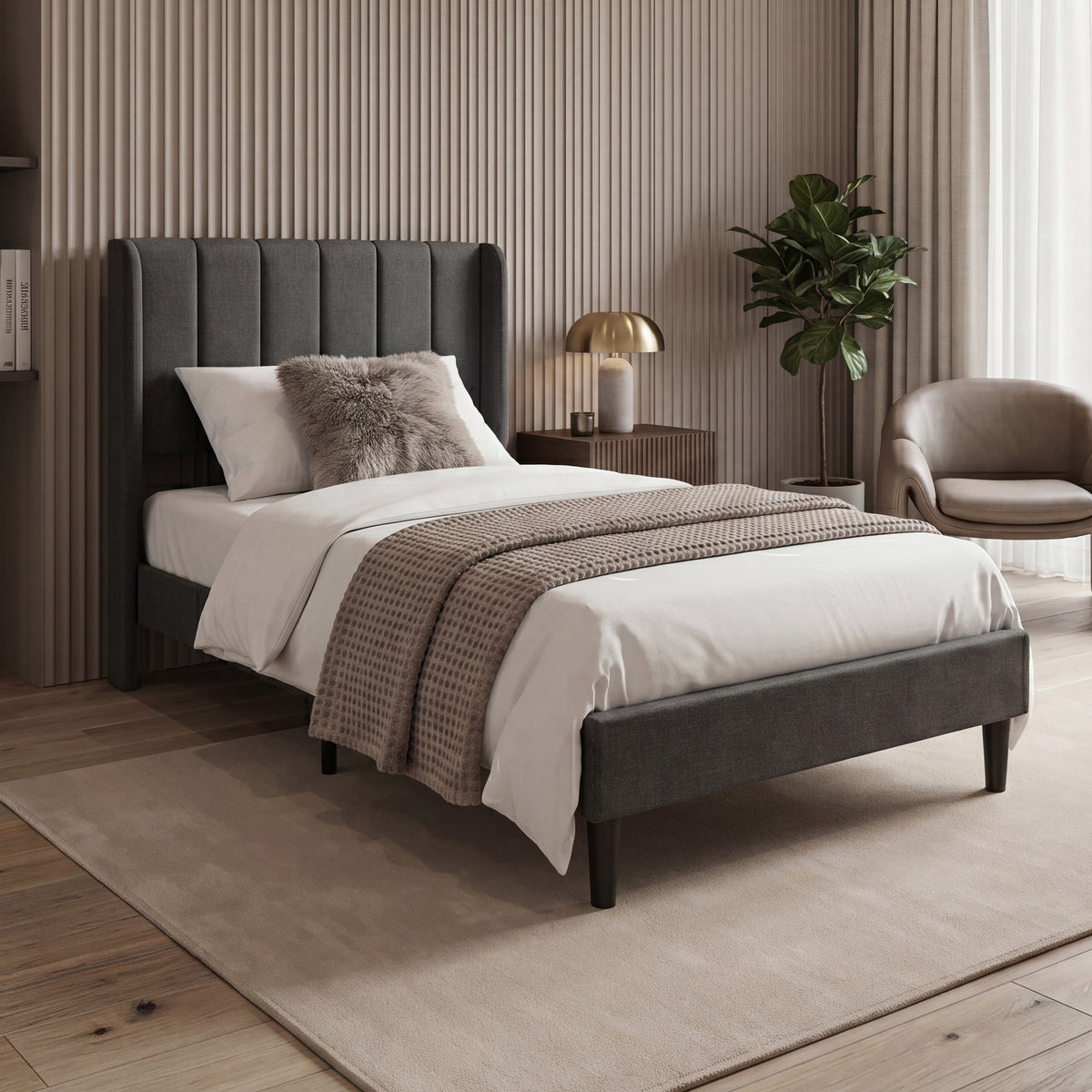 Vianna Single Fabric Bed, Dark Grey Linen