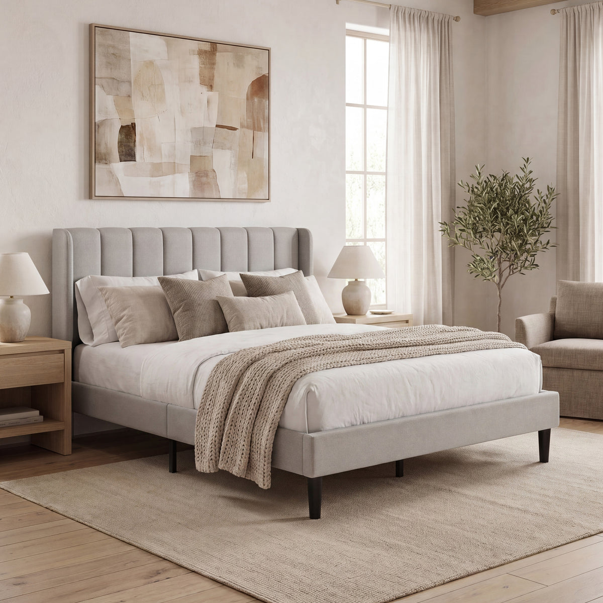 Vianna King Size Fabric Bed and Mattress Beige Linen