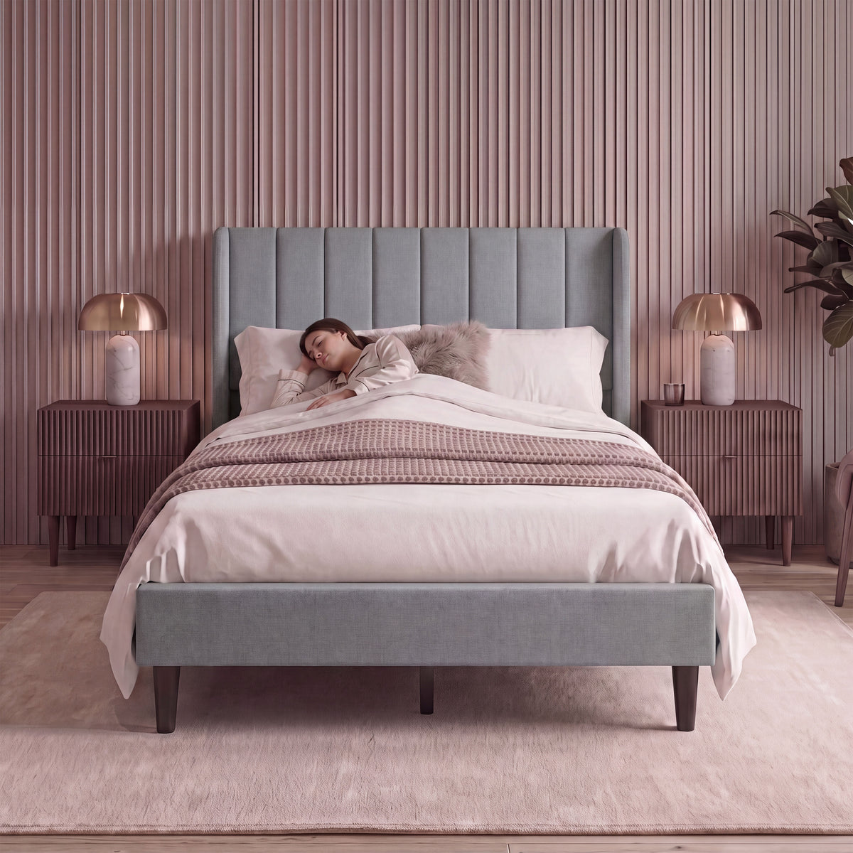Vianna King Size Fabric Bed and Mattress Light Grey Linen