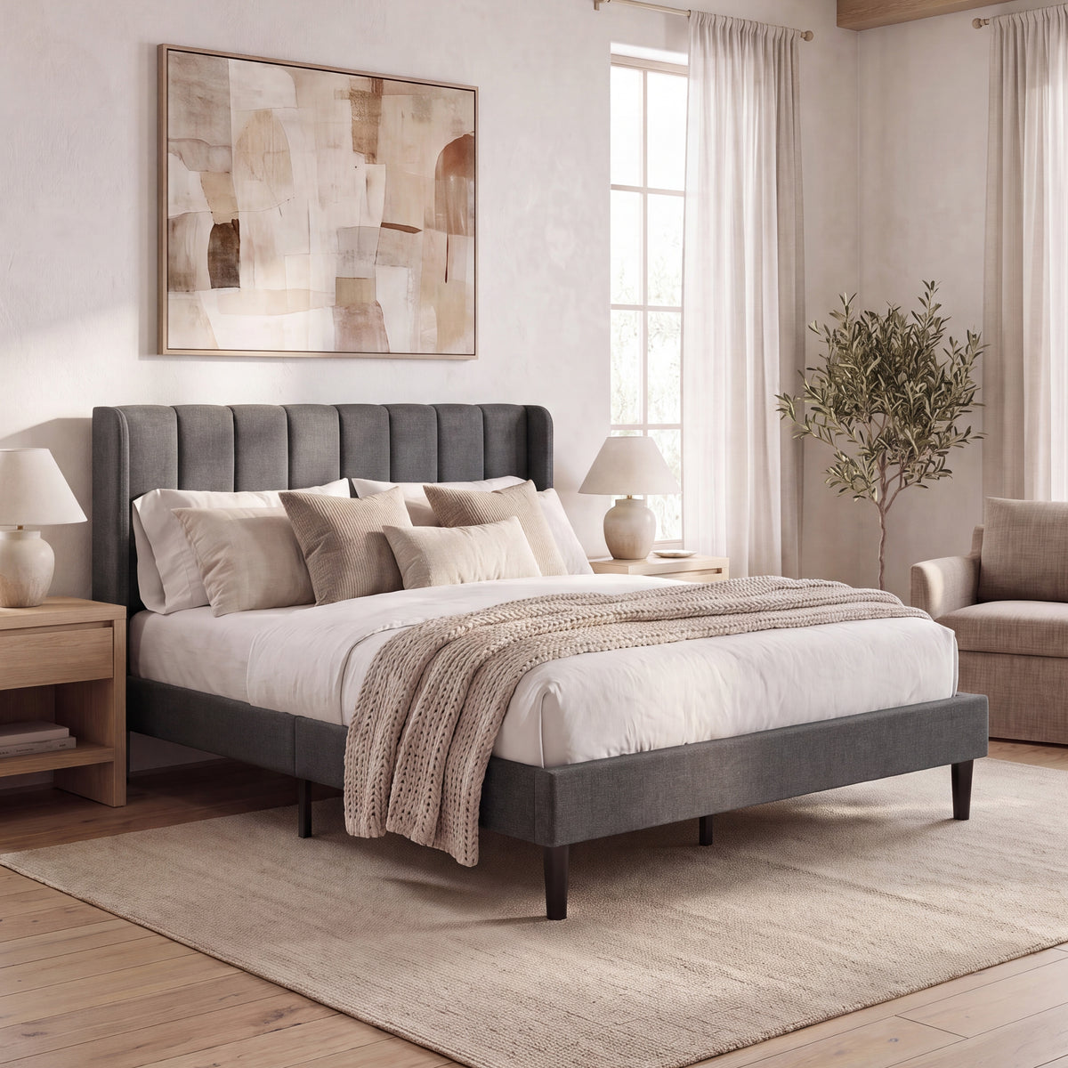 Vianna King Size Fabric Bed and Mattress, Dark Grey Linen