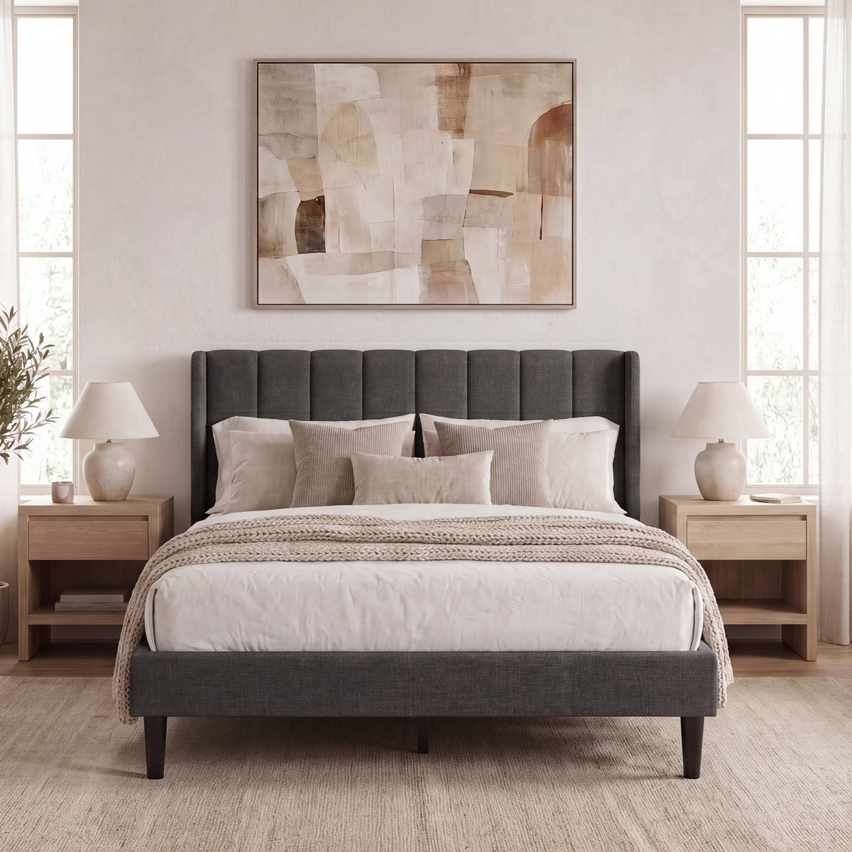 Vianna King Size Fabric Bed and Mattress, Dark Grey Linen