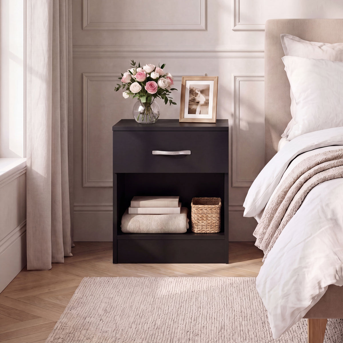 Riano 1 Drawer Bedside  Chest Set White Bedroom Storage Unit
