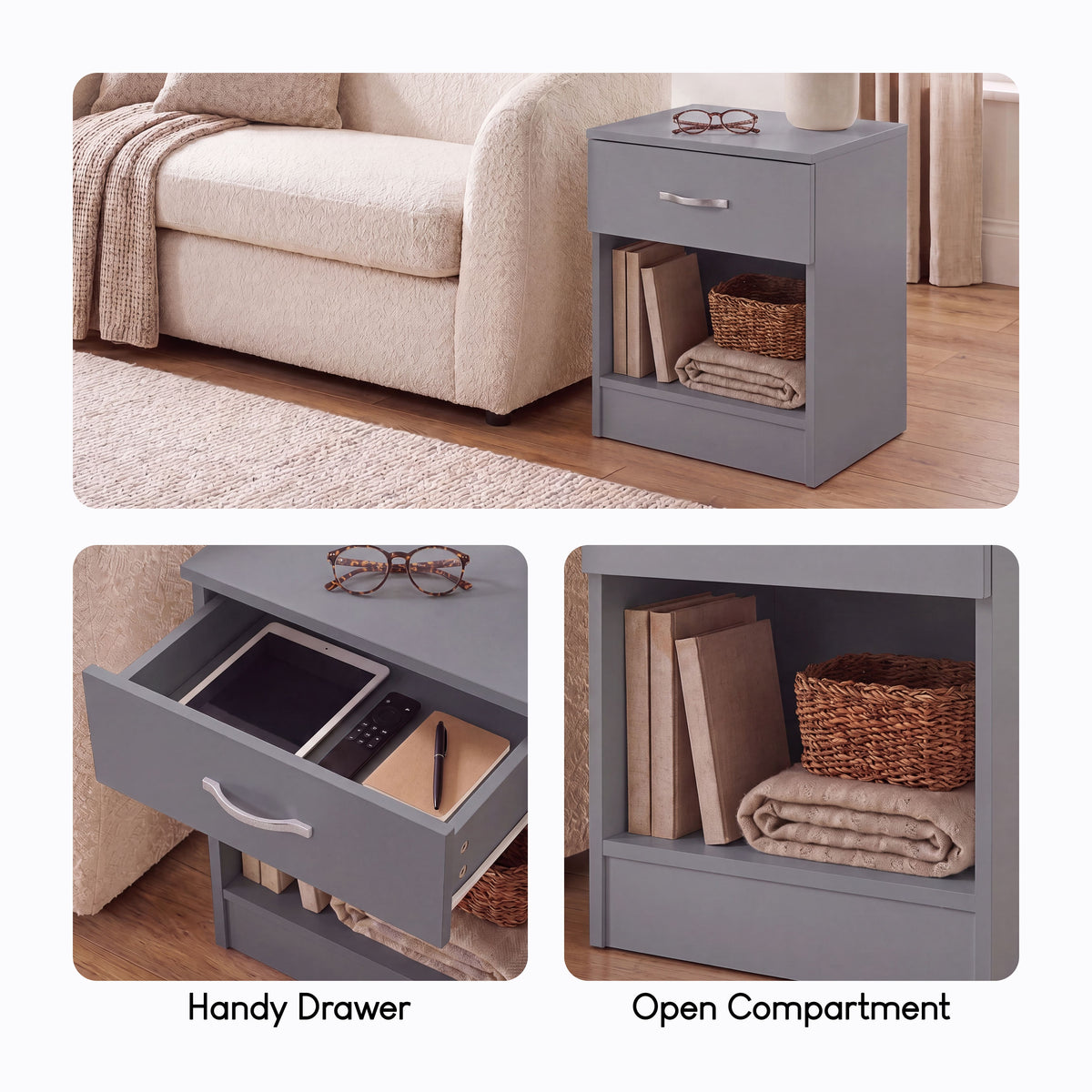 Riano 1 Drawer Bedside  Chest Set Grey Bedroom Storage Unit
