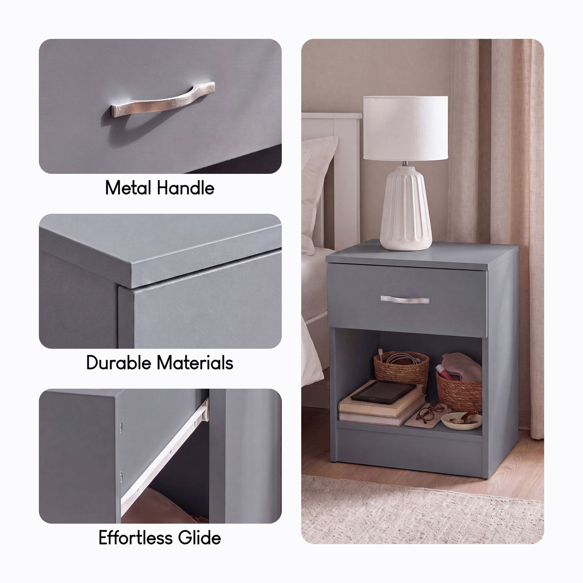Riano 1 Drawer Bedside  Chest Set Grey Bedroom Storage Unit

