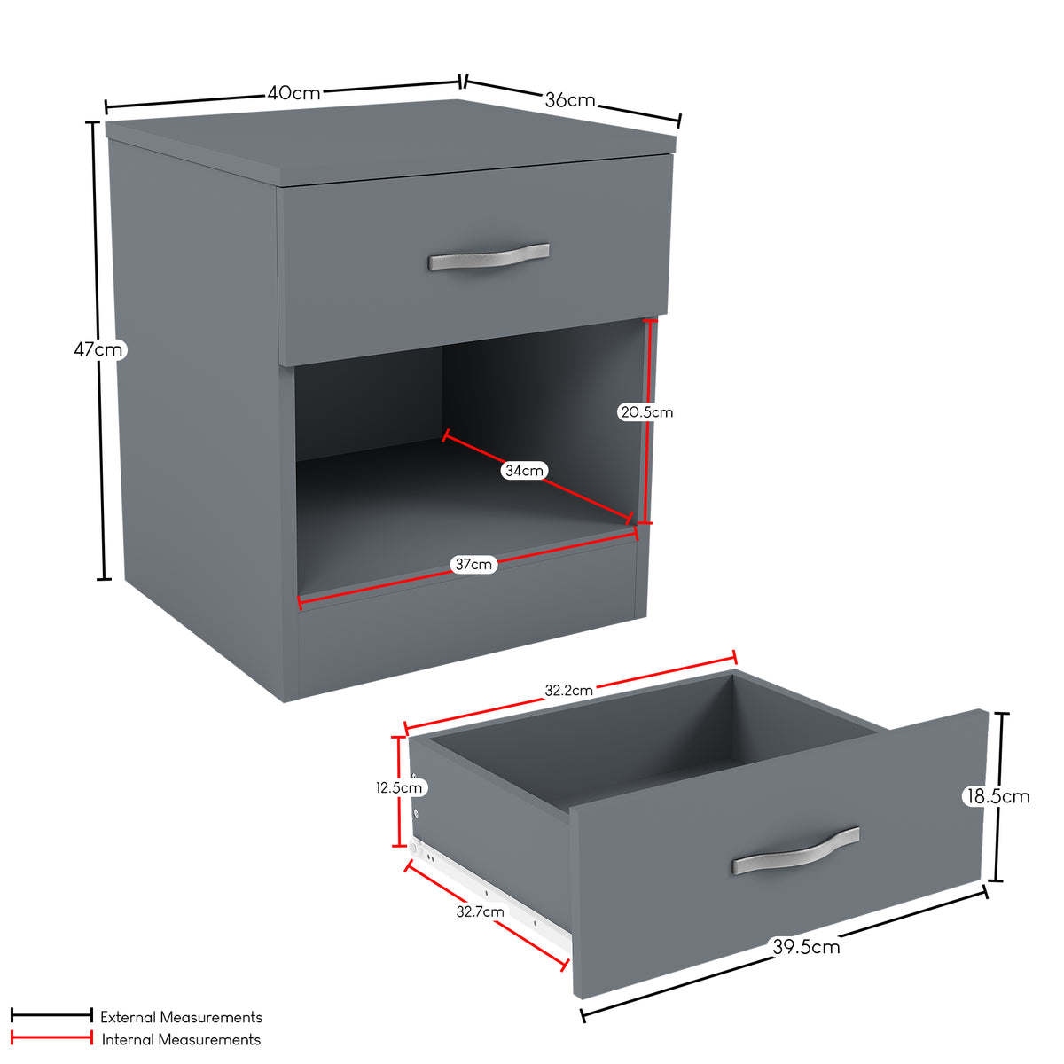 Riano 1 Drawer Bedside  Chest Set Grey Bedroom Storage Unit
