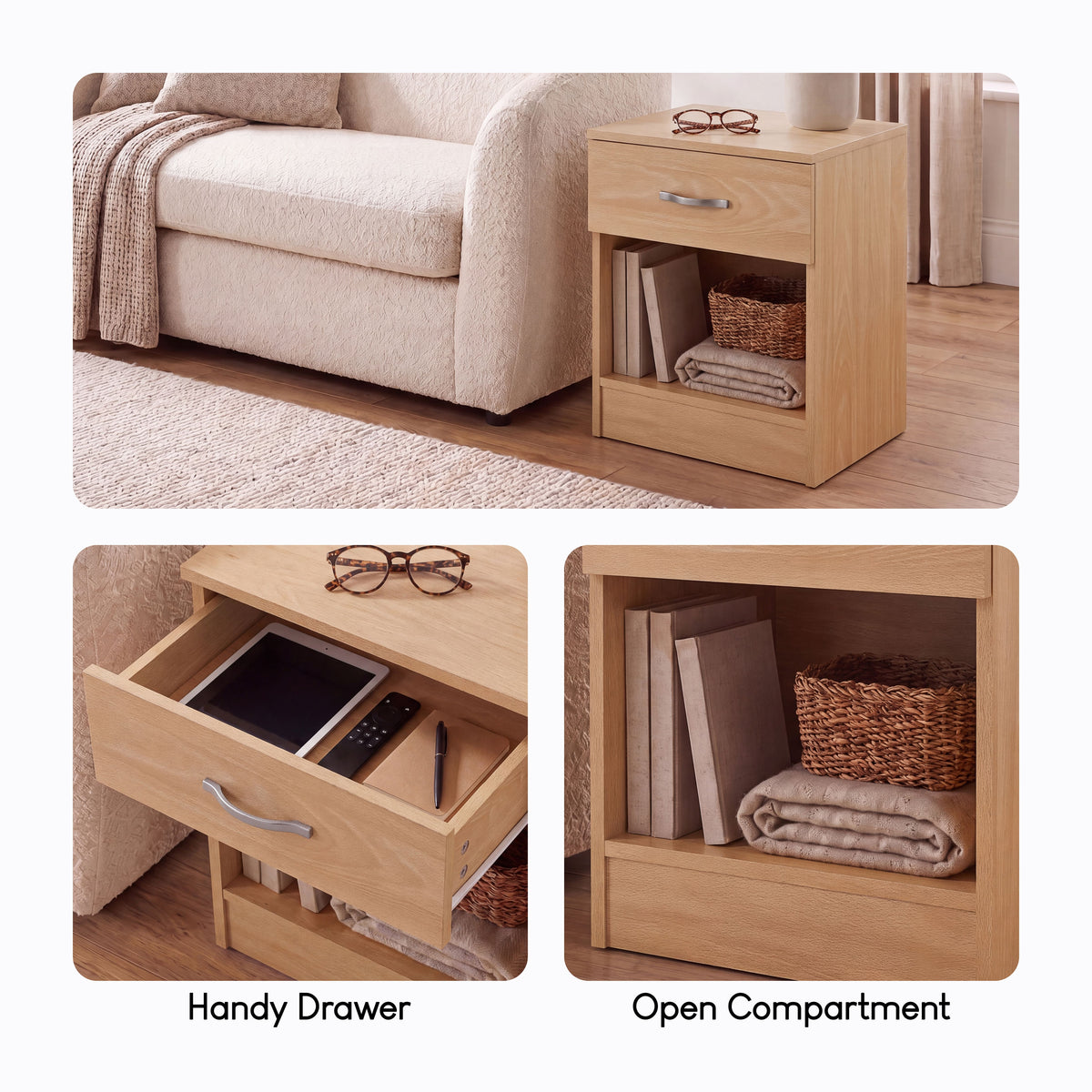 Riano 1 Drawer Bedside  Chest Set Pine Bedroom Storage Unit
