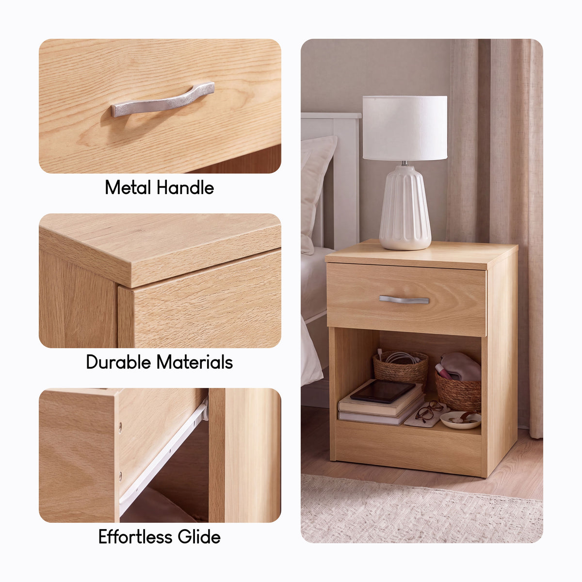 Riano 1 Drawer Bedside  Chest Set Pine Bedroom Storage Unit

