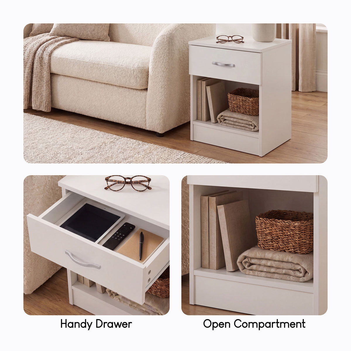 Riano 1 Drawer Bedside  Chest Set White Bedroom Storage Unit
