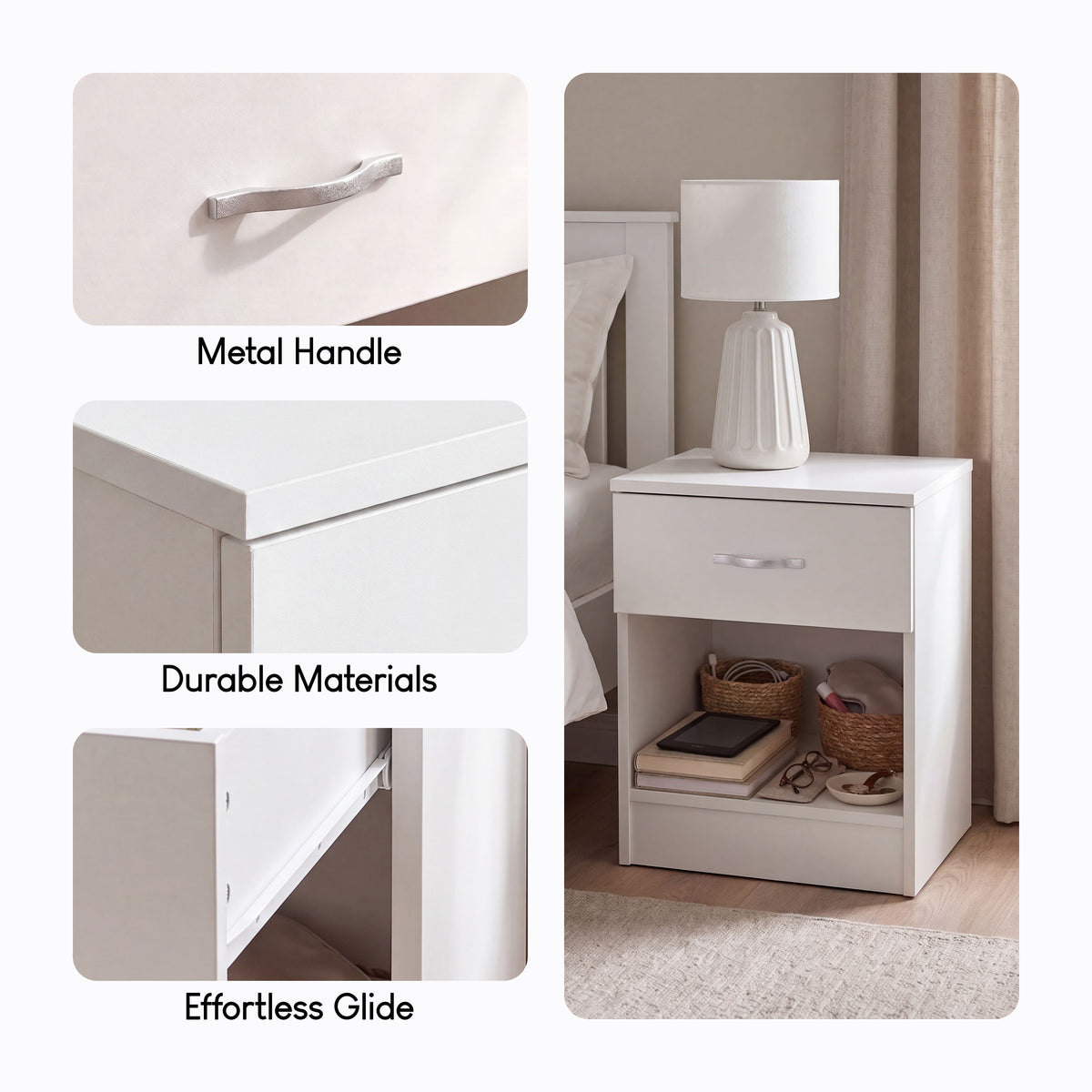 Riano 1 Drawer Bedside  Chest Set White Bedroom Storage Unit
