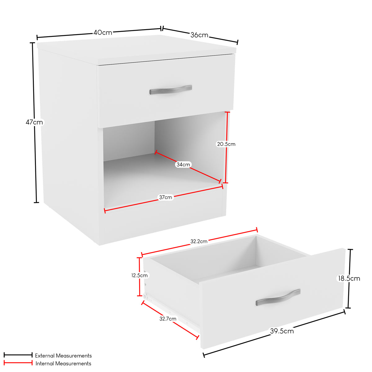 Riano 1 Drawer Bedside  Chest Set White Bedroom Storage Unit
