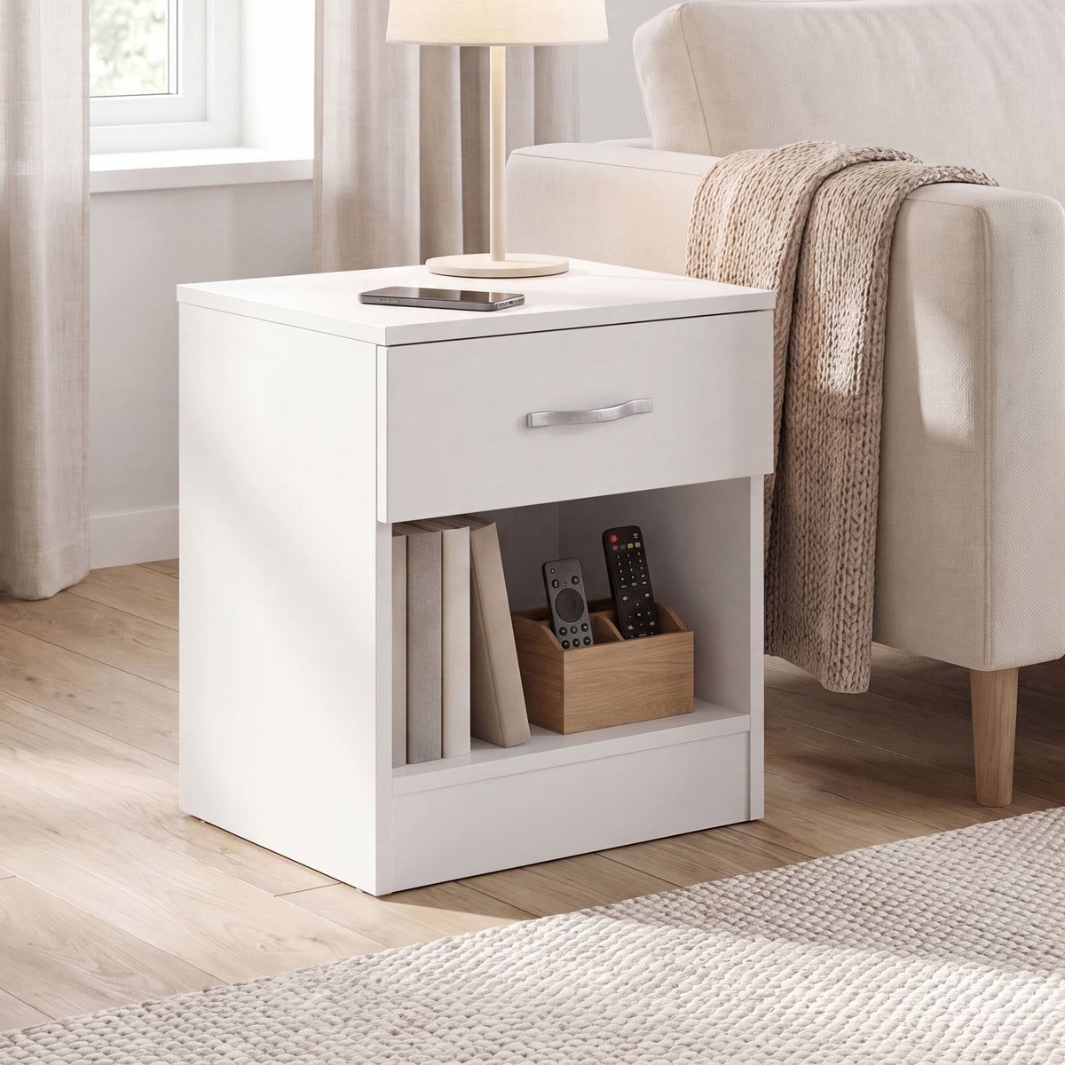 Riano 1 Drawer Bedside  Chest Set White Bedroom Storage Unit
