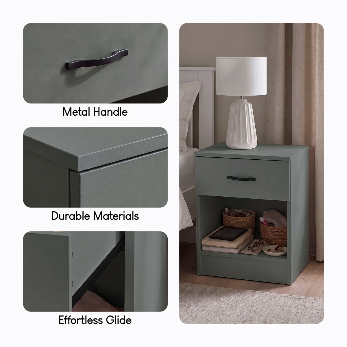 Riano 1 Drawer Bedside  Chest Set Green Bedroom Storage Unit
