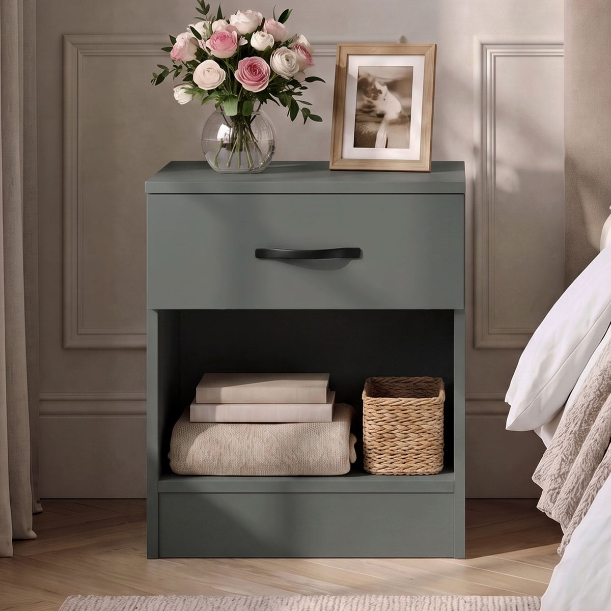 Riano 1 Drawer Bedside Chest Table- Set of 2, Jasper Green