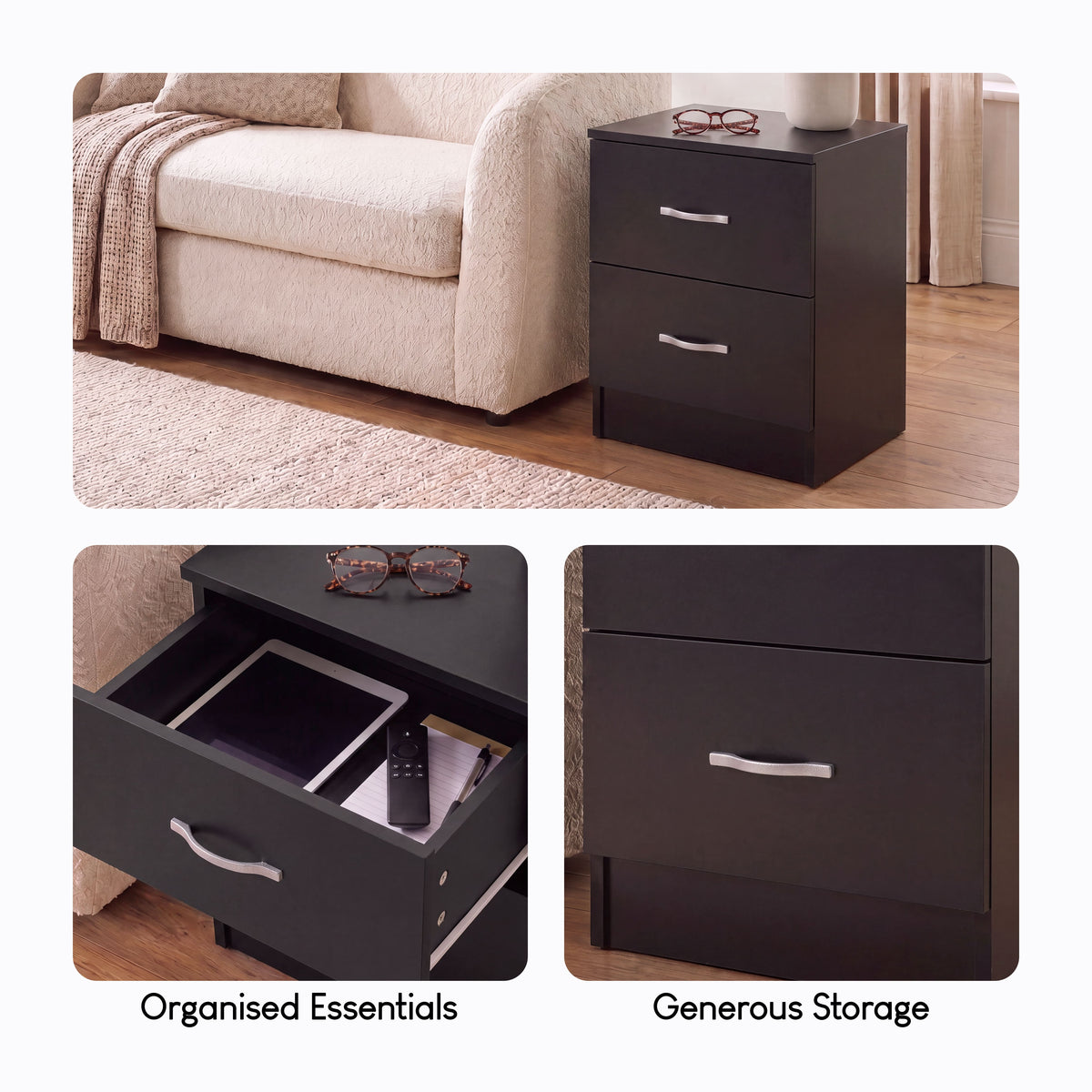 Riano 2 Drawer  Bedside  Chest Set Black Bedroom Storage Unit
