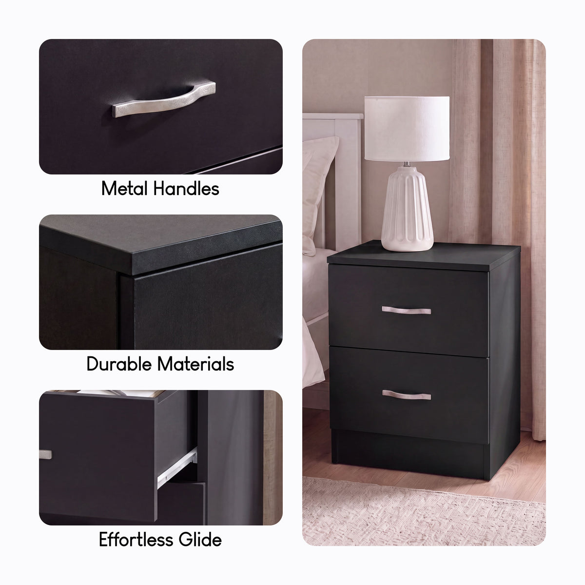 Riano 2 Drawer  Bedside  Chest Set Black Bedroom Storage Unit
