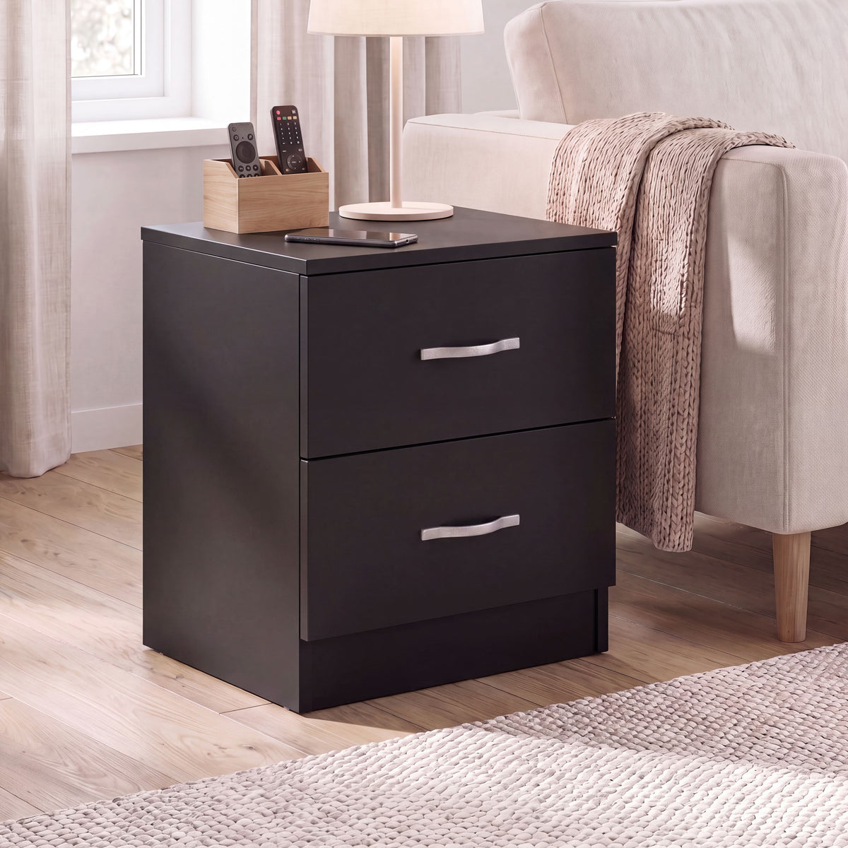 Riano 2 Drawer  Bedside  Chest Set Black Bedroom Storage Unit
