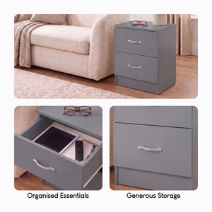 Riano 2 Drawer Bedside  Chest Set Grey Bedroom Storage Unit
