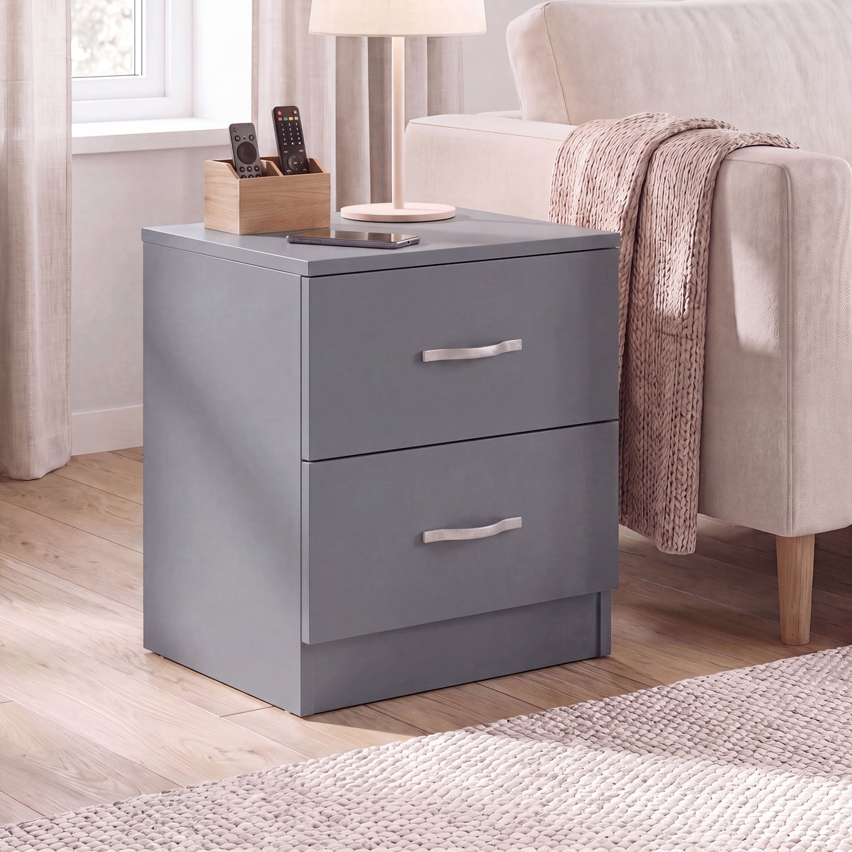Riano 2 Drawer Bedside  Chest Set Grey Bedroom Storage Unit
