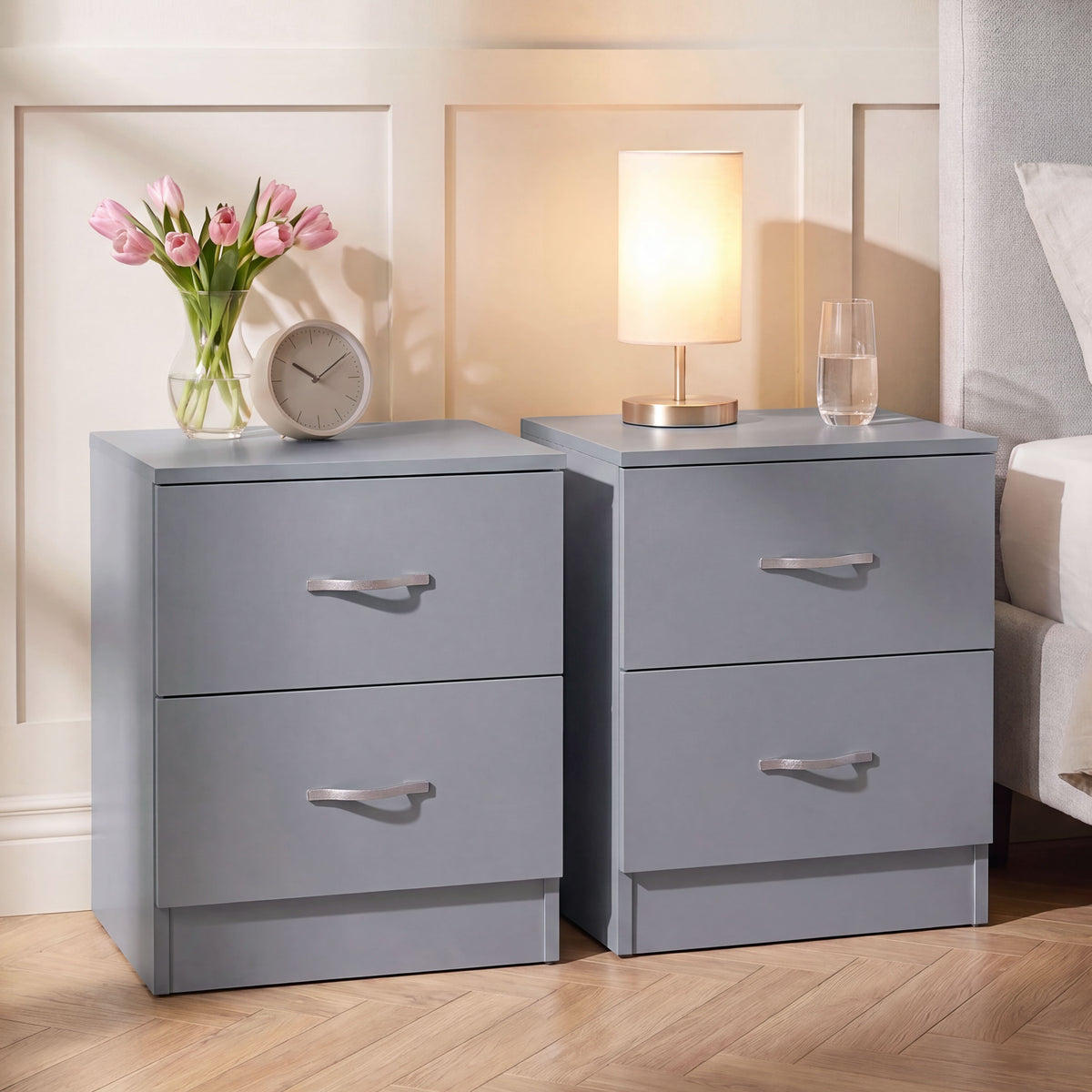Riano 2 Drawer Bedside  Chest Set Grey Bedroom Storage Unit
