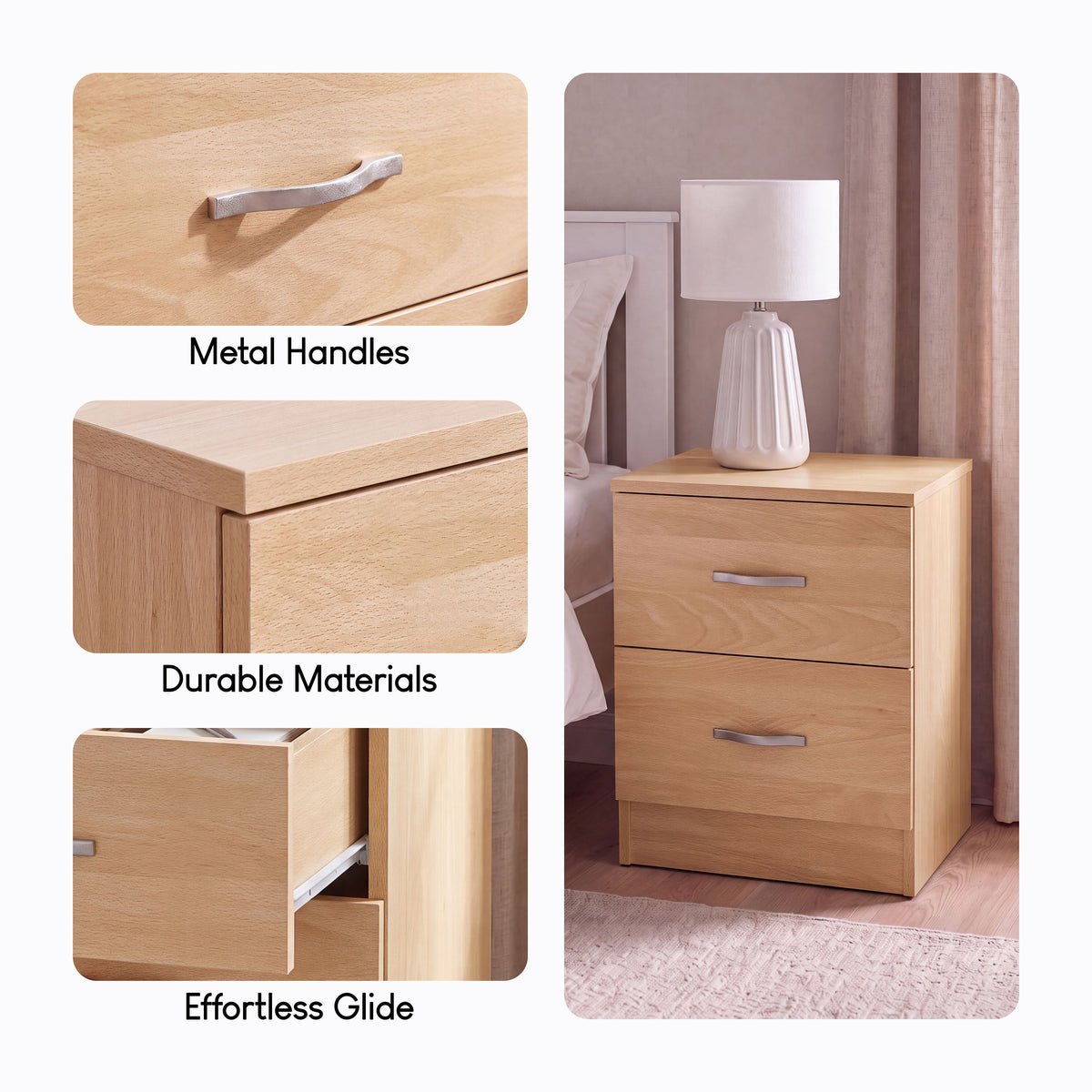 Riano 2 Drawer Bedside  Chest Set Pine Bedroom Storage Unit
