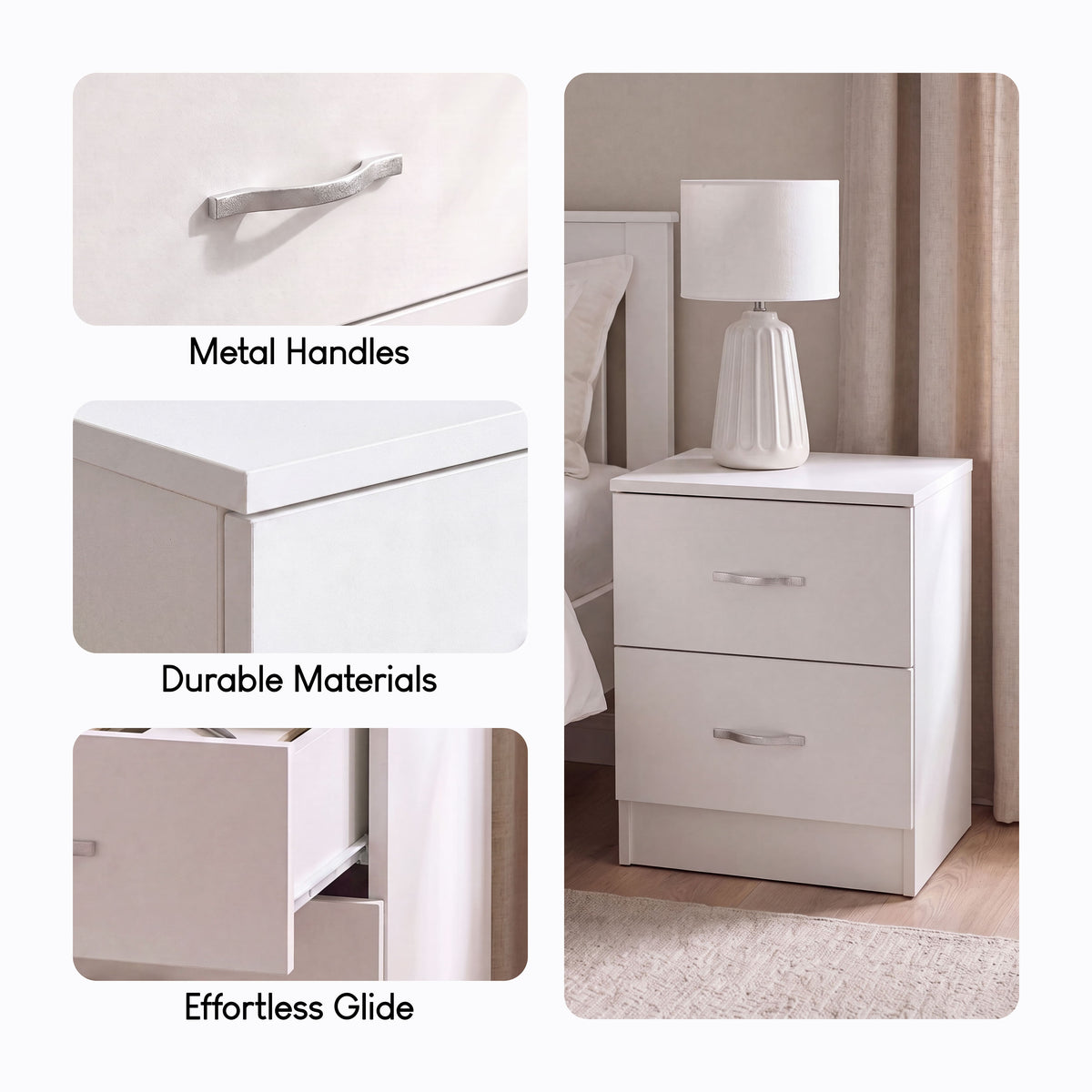 Riano 2 Drawer Bedside  Chest Set White Bedroom Storage Unit
