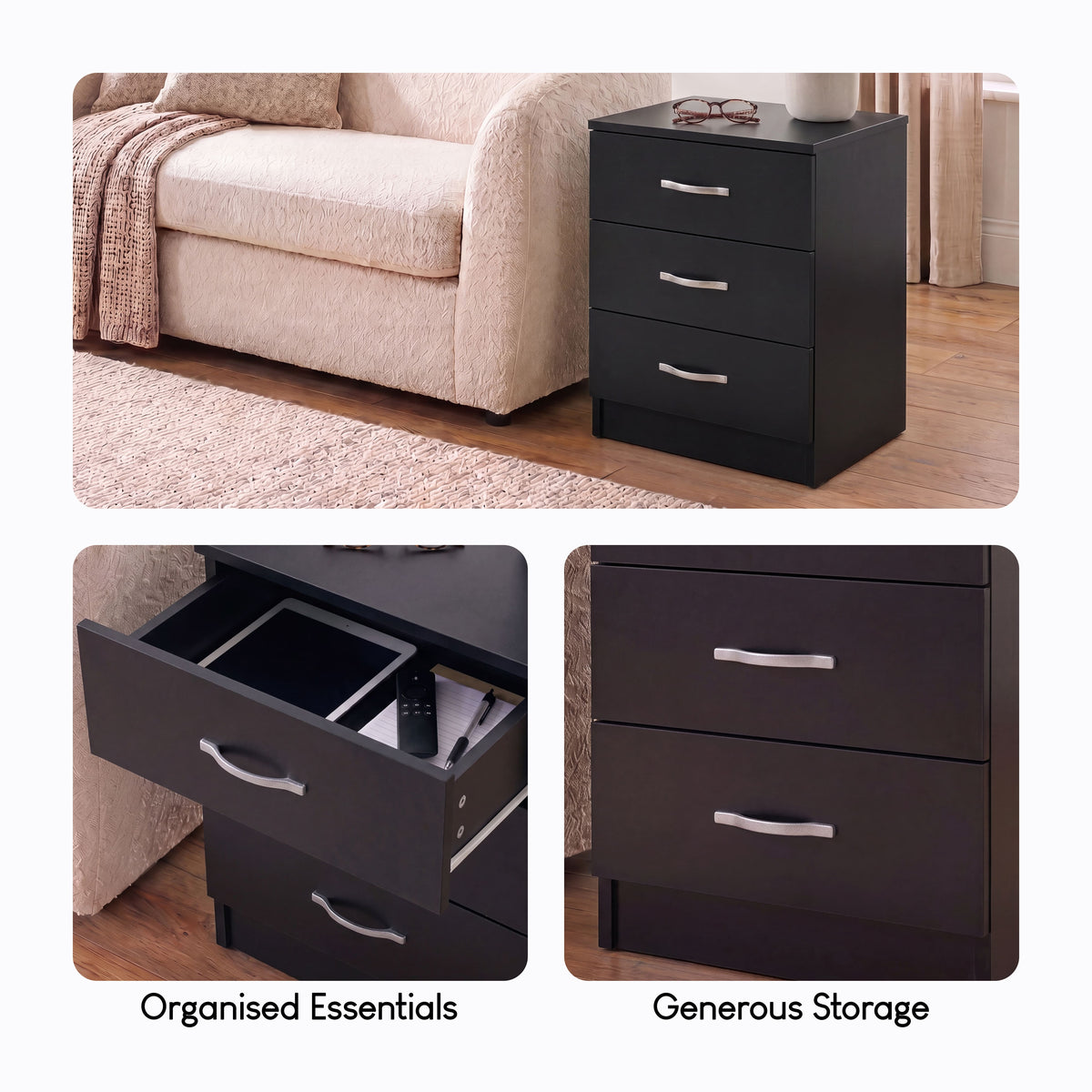 Riano 3 Drawer  Bedside  Chest Set Black Bedroom Storage Unit
