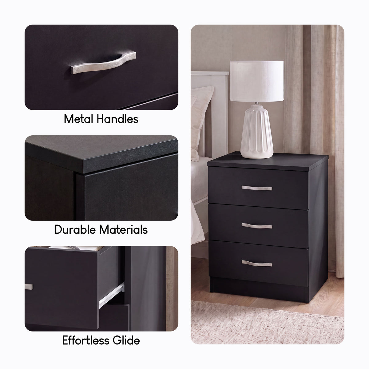 Riano 3 Drawer  Bedside  Chest Set Black Bedroom Storage Unit
