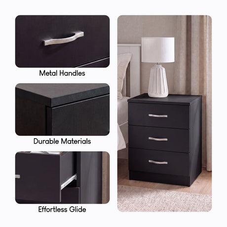 Riano 3 Drawer  Bedside  Chest Set Black Bedroom Storage Unit
