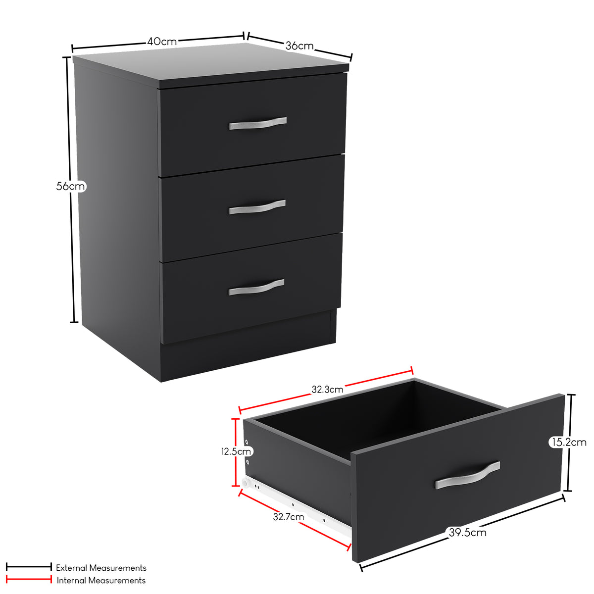 Riano 3 Drawer  Bedside  Chest Set Black Bedroom Storage Unit
