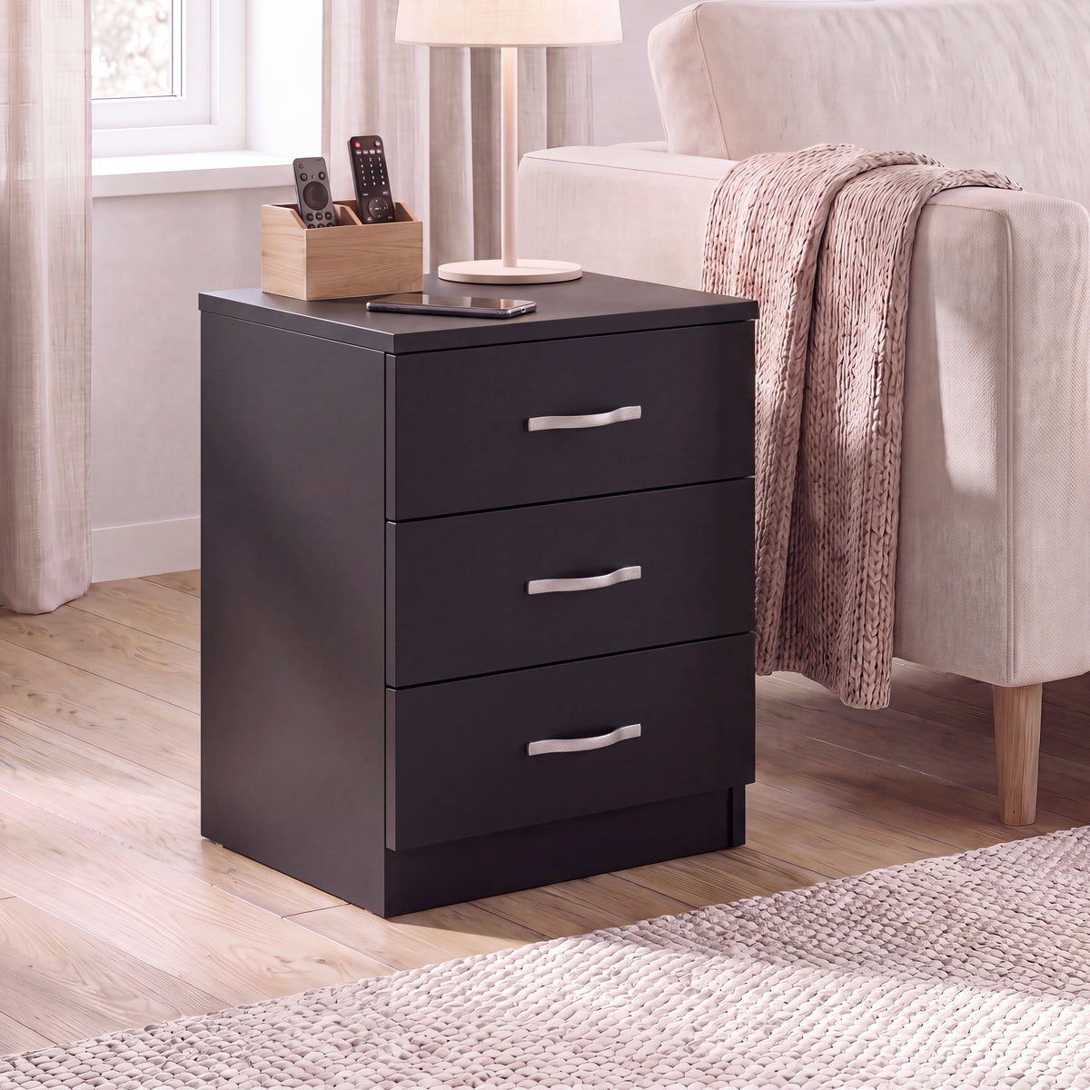 Riano 3 Drawer  Bedside  Chest Set Black Bedroom Storage Unit
