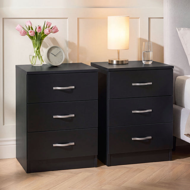 Riano 3 Drawer  Bedside  Chest Set Black Bedroom Storage Unit
