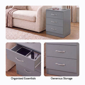 Riano 3 Drawer Bedside  Chest Set Grey Bedroom Storage Unit
