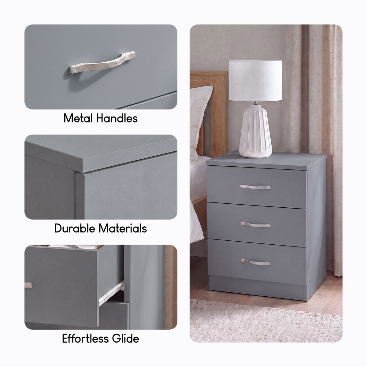 Riano 3 Drawer Bedside  Chest Set Grey Bedroom Storage Unit
