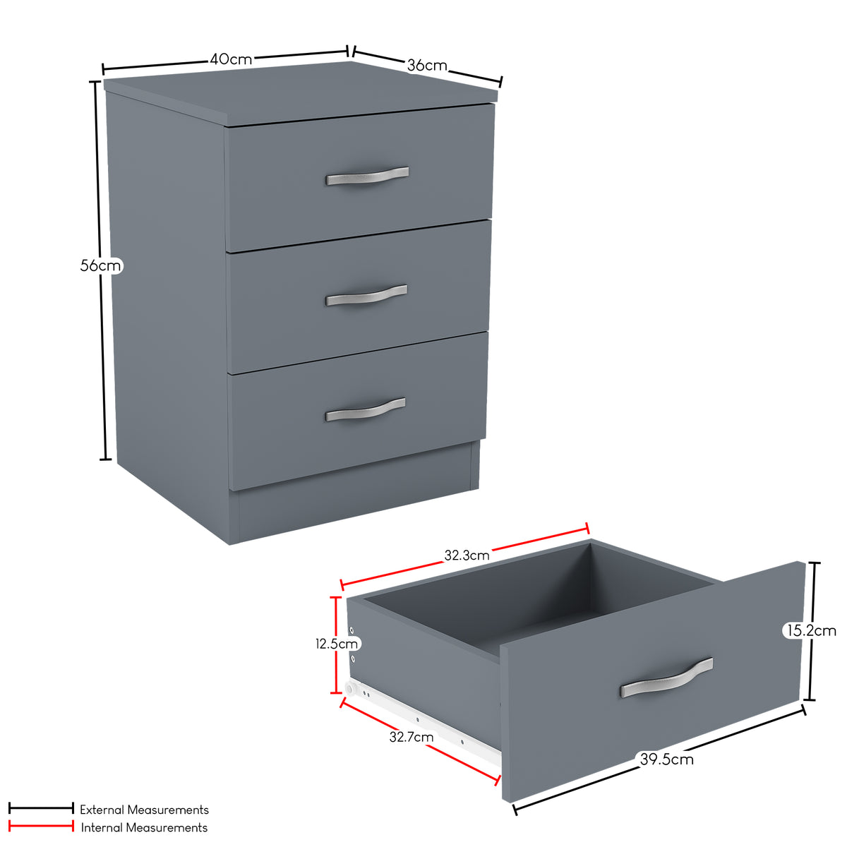 Riano 3 Drawer Bedside  Chest Set Grey Bedroom Storage Unit
